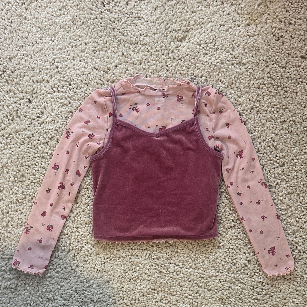 Pink Floral Long Sleeve Top with matching Velvet Cami